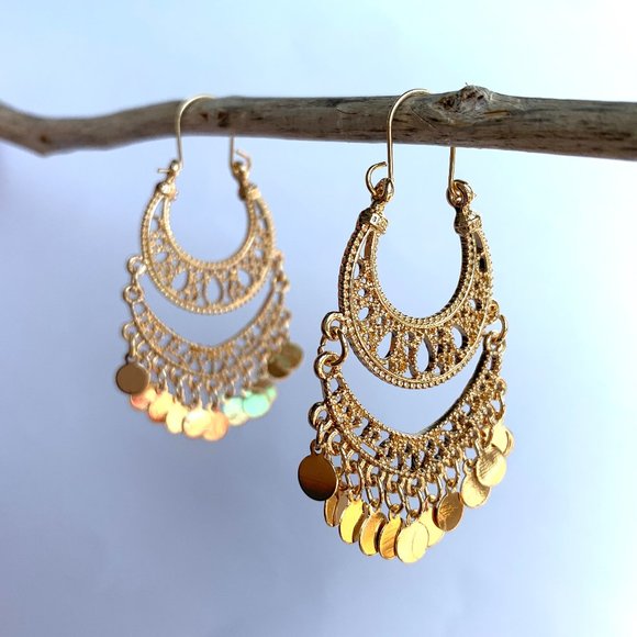 Free People Jewelry - NEW~ Free People Lace & Coin Gold Chandelier Hoop earrings